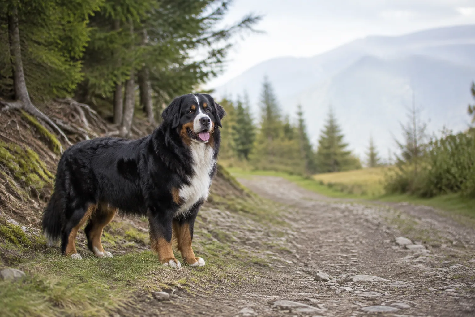 Bernese Mountain Dog standing on a cool shaded woodland path