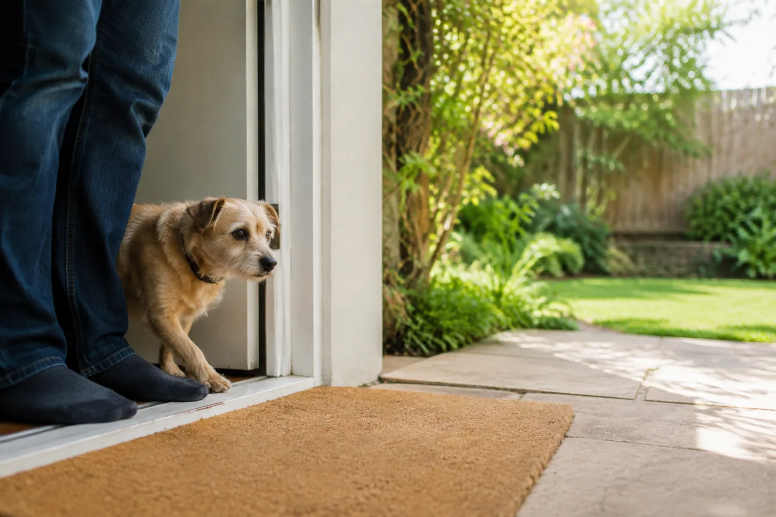 An original small dog finding confidence beside a trusted caregiver