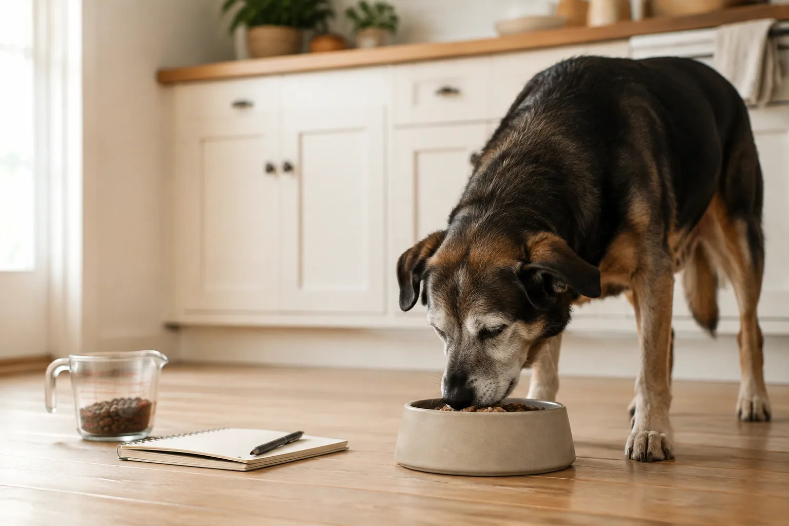 Measured dog food beside a notebook for recording senior dog meals