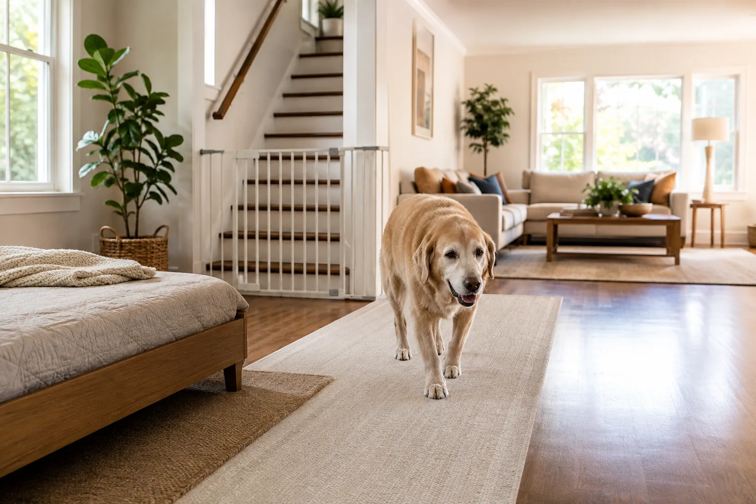 Senior dog resting beside a clear nonslip path through the home