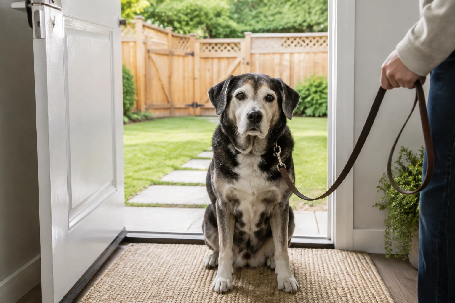 Senior dog standing near a well-lit doorway to the yard