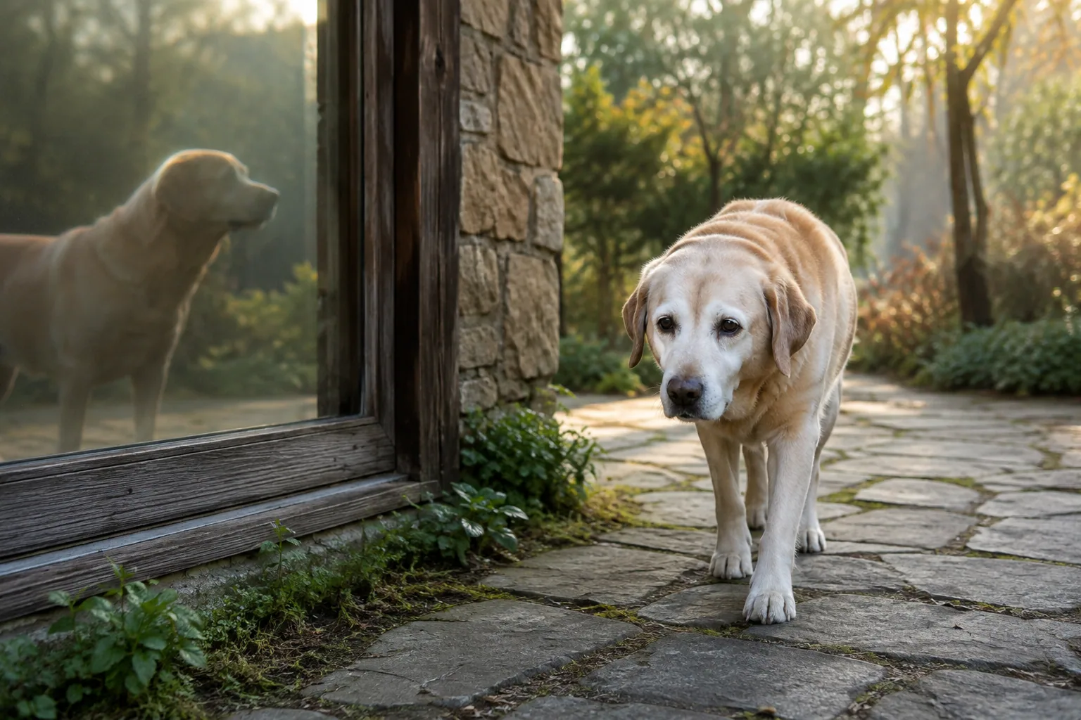 Senior dog walking slowly with a caregiver on a familiar path