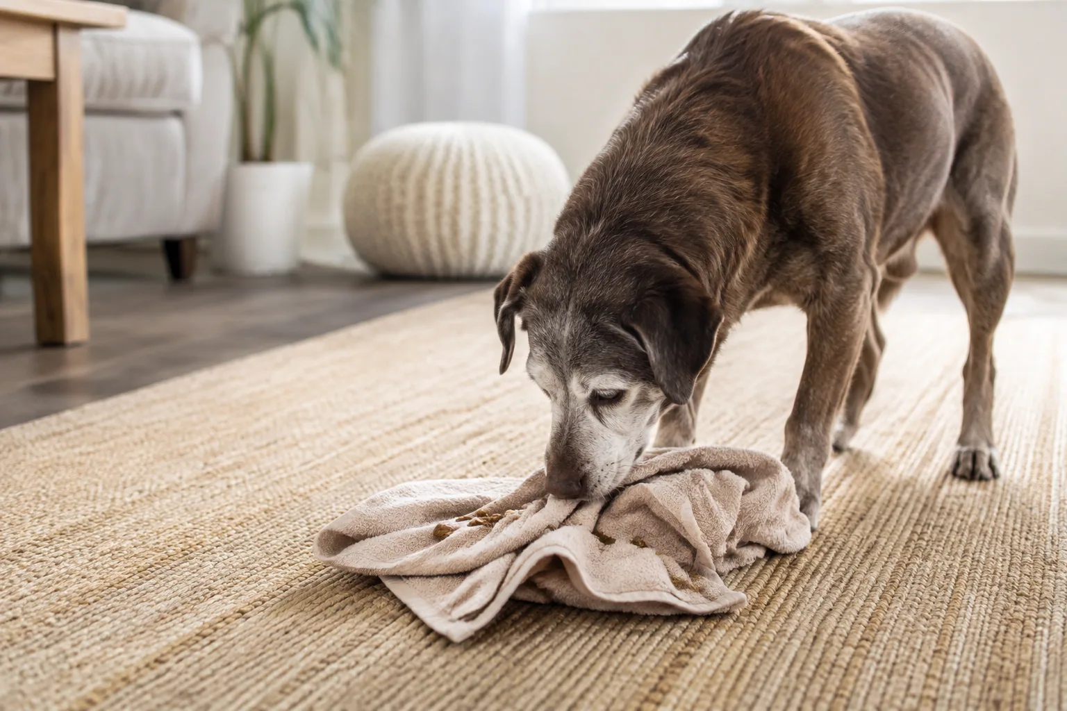 Senior dog calmly investigating an easy food puzzle on a rug