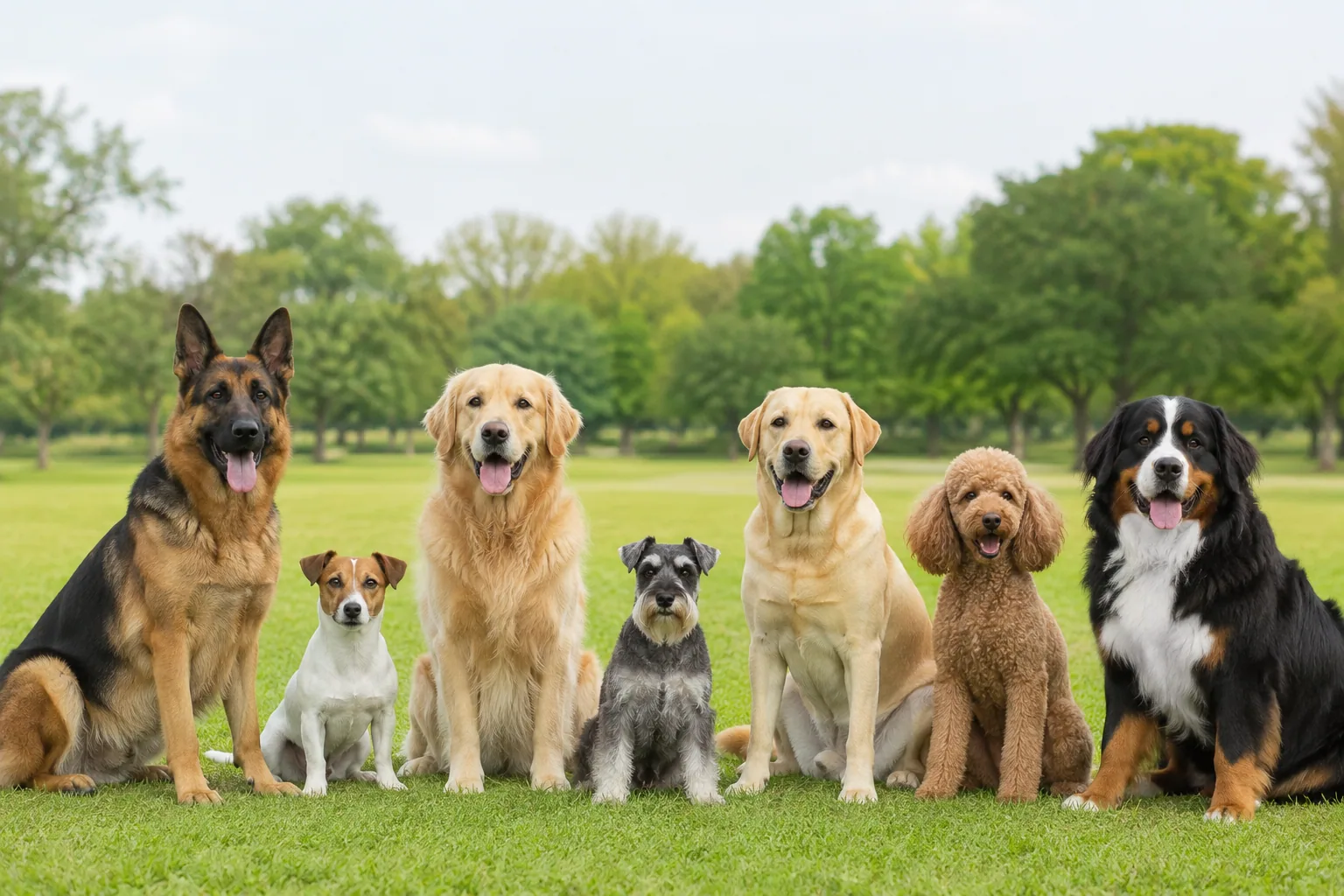 A varied group of dogs sitting together outdoors